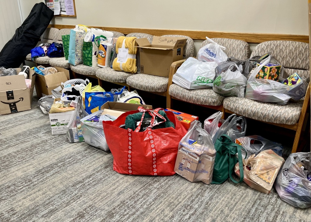 Donations sitting on chairs
