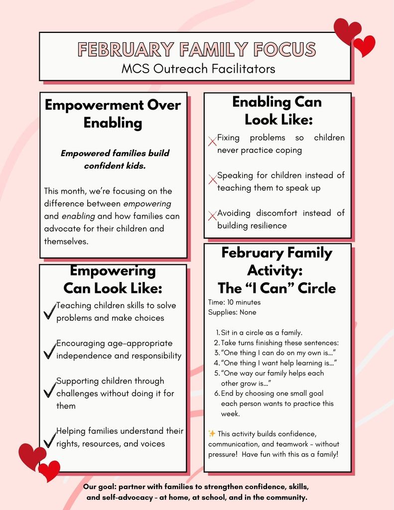 Flyer describes how the MCS Outreach Facilitators can help students and families embrace an "empower" mindset over an "enable" mindset