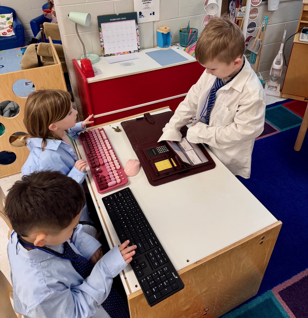 Busy little workers hard at play! 🐬💼 Mrs. Maeleah and Mrs. Katie’s preschool class had so much fun running the “Dolphin Desk & Office” center in their classroom this week! 