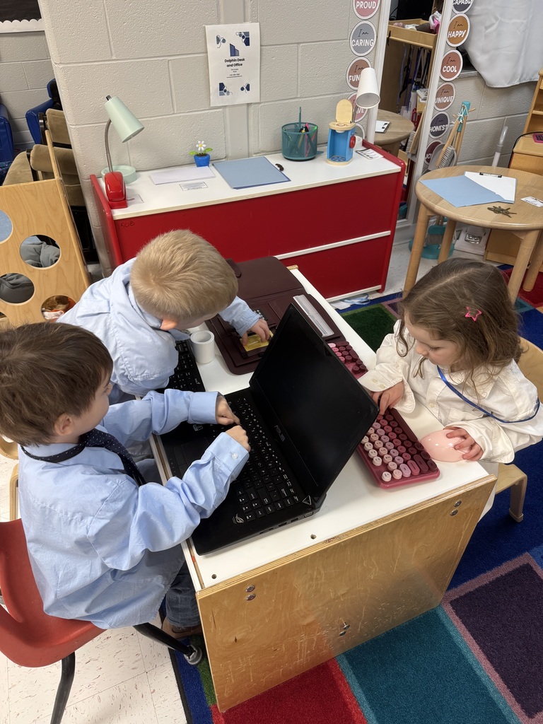 Busy little workers hard at play! 🐬💼 Mrs. Maeleah and Mrs. Katie’s preschool class had so much fun running the “Dolphin Desk & Office” center in their classroom this week! 