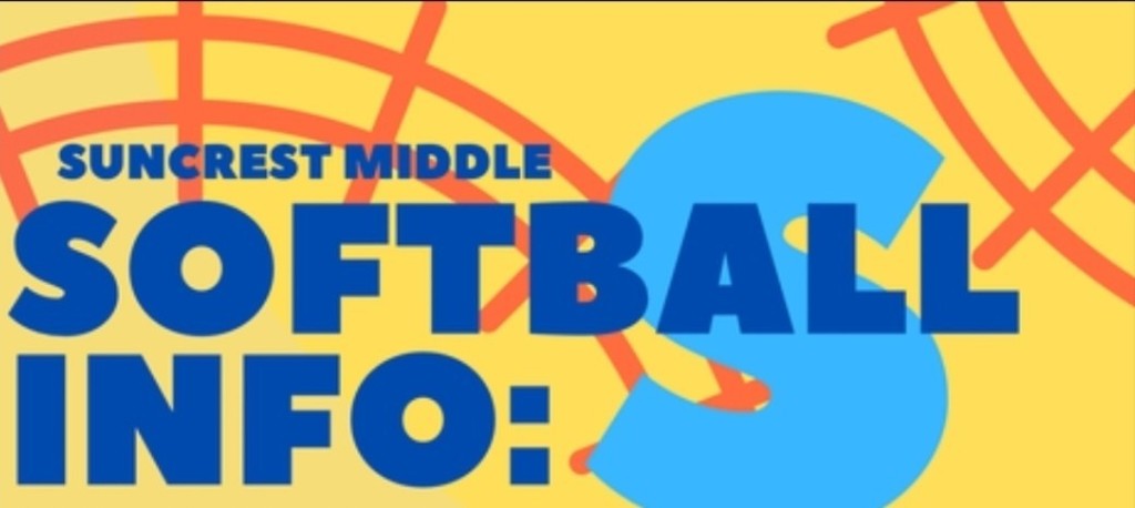 yellow background with softball, blue text of Suncrest 
