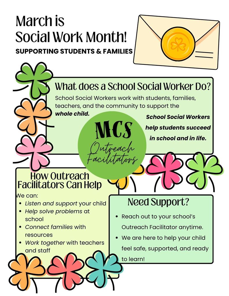 Flyer describe Social Work Month and the ways that the Outreach Facilitators are helping in Monongalia County Schools