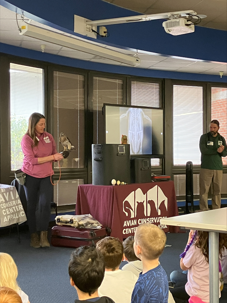 Woman and man showing students a hawk