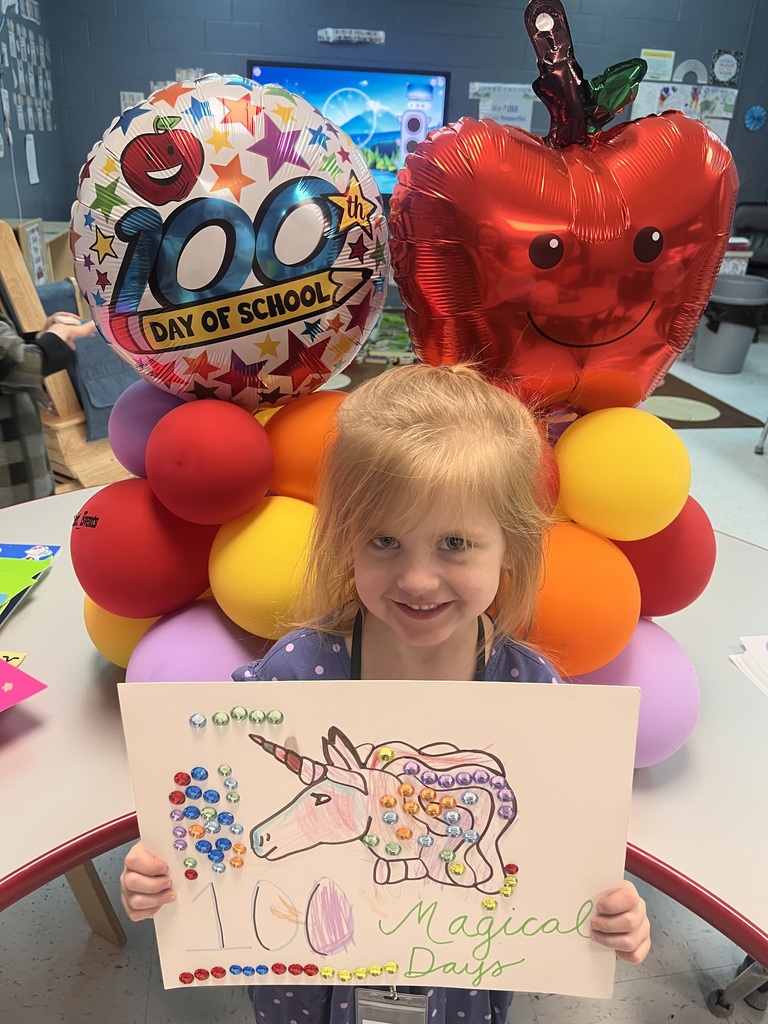 PreK student in front of balloons celebrating 100 days with a poster project!