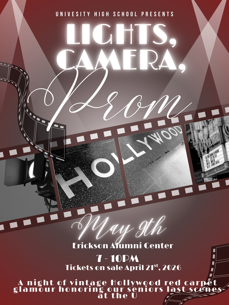 an old Hollywood style sign with information about the prom on May 9 from 7-10 at the Erickson Alumni Center. Tickets on Sale April 21