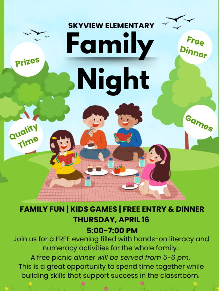 Family Night  April 16th from 5-7, food, prizes games!