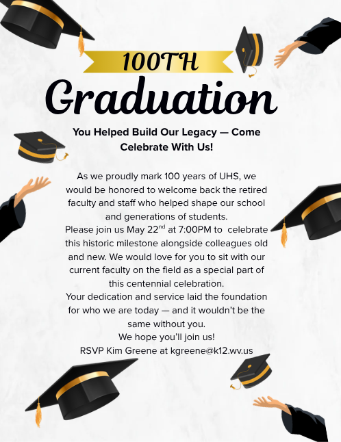 white background with graduation hats flying around the text, a banner states that is the 100th graduation