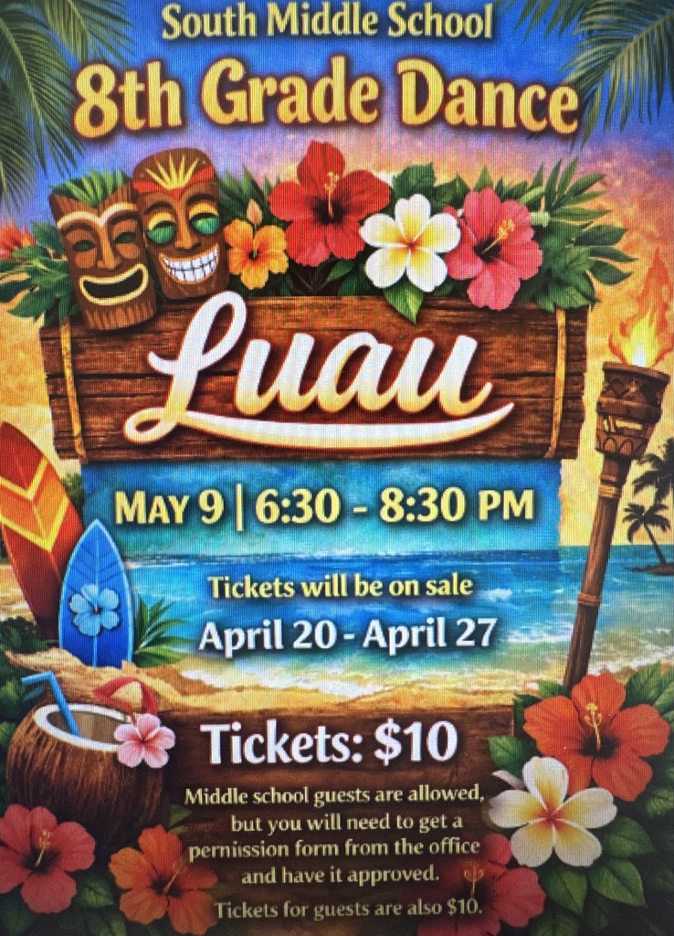 Flyer for a dance on May 9 with Hawaiian  flowers, a surfboard and coconut drinks as the background 