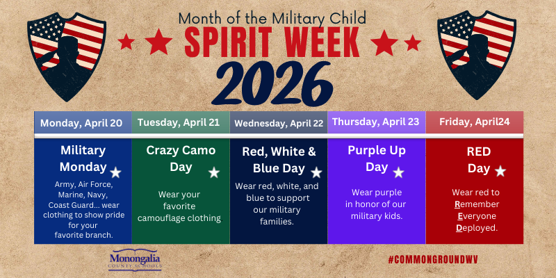 Military Spirit Week Monday favorite branch, tuesday camo, wednesday red white and blue thursdya purple friday red