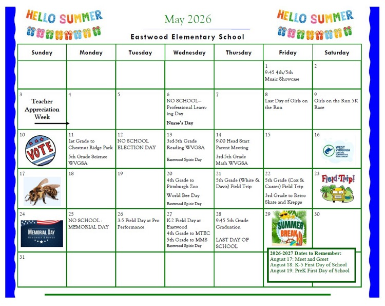 Eastwood’s school calendar events for May