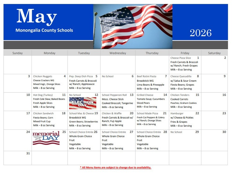 School lunch menu for May