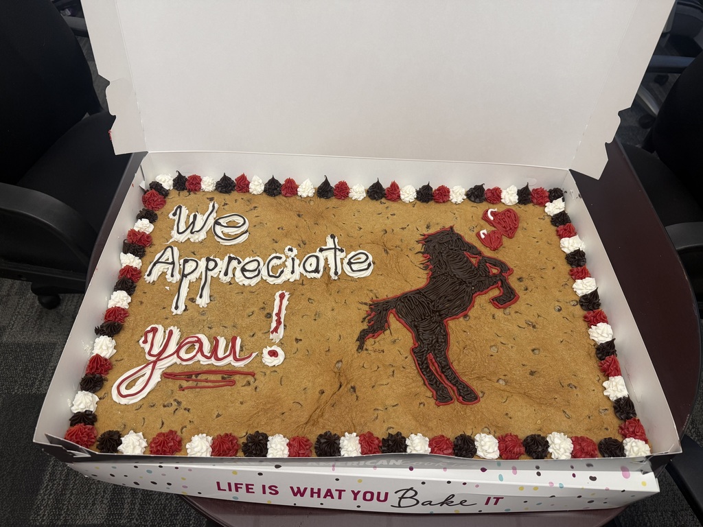 A rectangular cookie with red, white, and black trim. On the cookie it says we appreciate you and there is a black icing stallion and 2 hearts by the stallions head. The cookie is laying in an open box on a table.