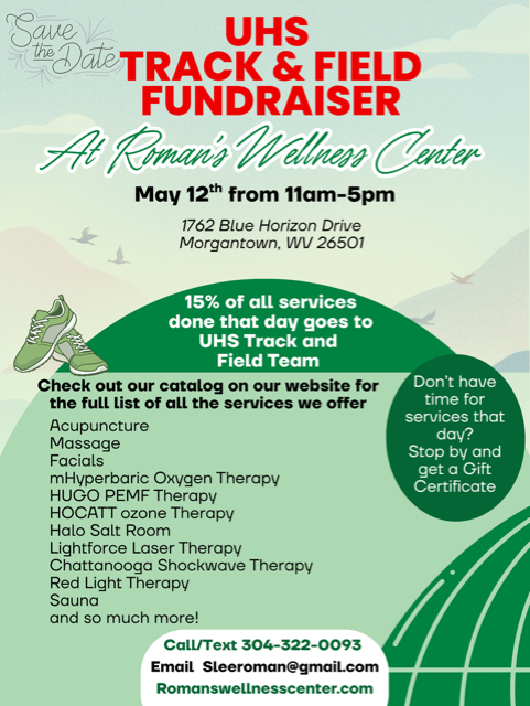 green flyer with information about a track fundraiser at Romans; wellness center on may 12