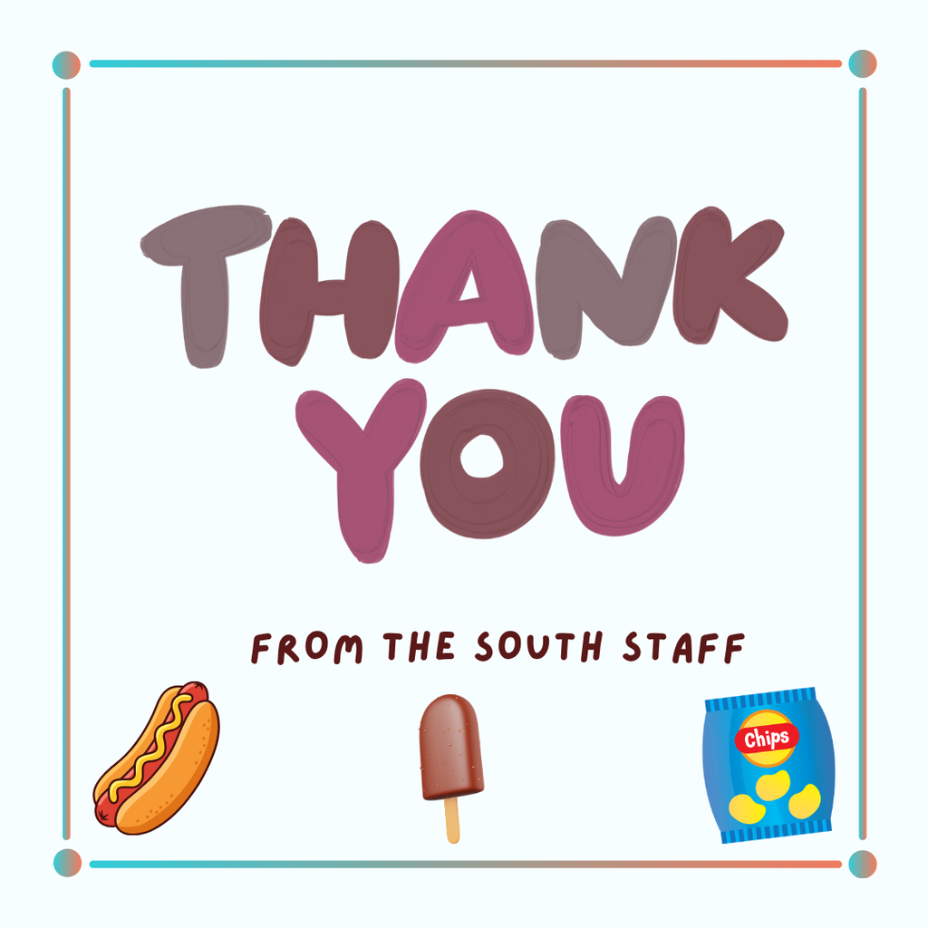Thank you from the South Staff with a hotdog, ice cream treat, and chip bag clip art.