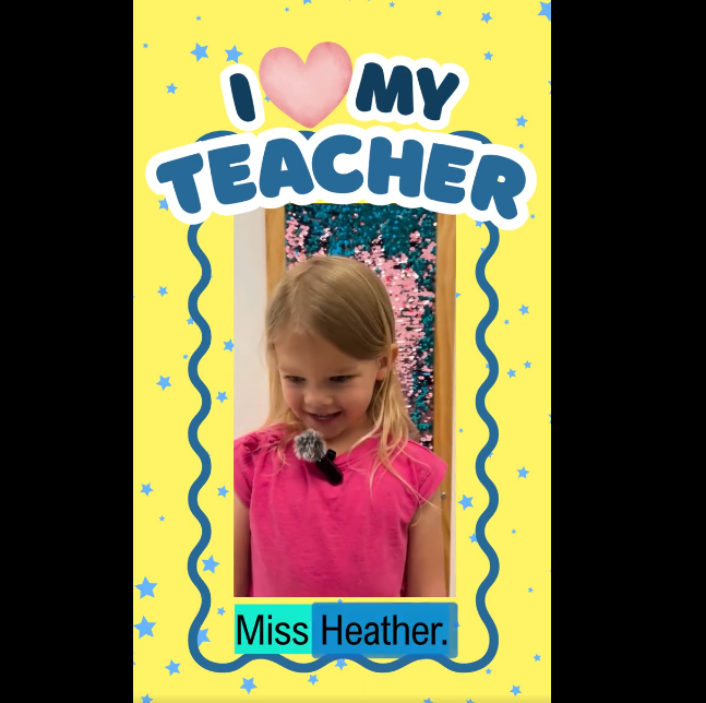 Child in pink top with text  I Love My Teacher, yellow, blue and black background 