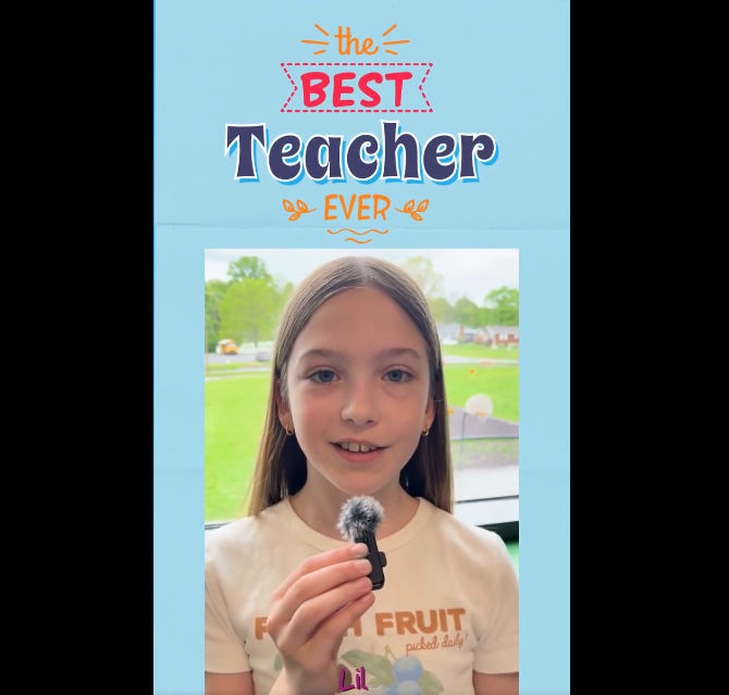 Student with microphone.  Blue background with text:  Best Teacher Ever