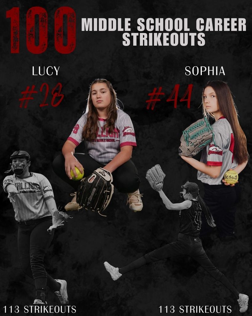 100 Middle School Career Strikouts black sign with red lettering. Has 4 softball photos of 2 different softball players. In red print it has #28 and #44. In white print it says 113 strikeouts