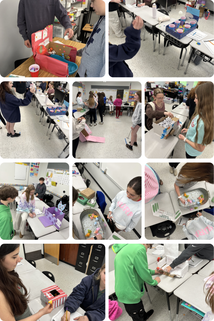 Ten photos of Probability projects sitting on desks in a classroom.