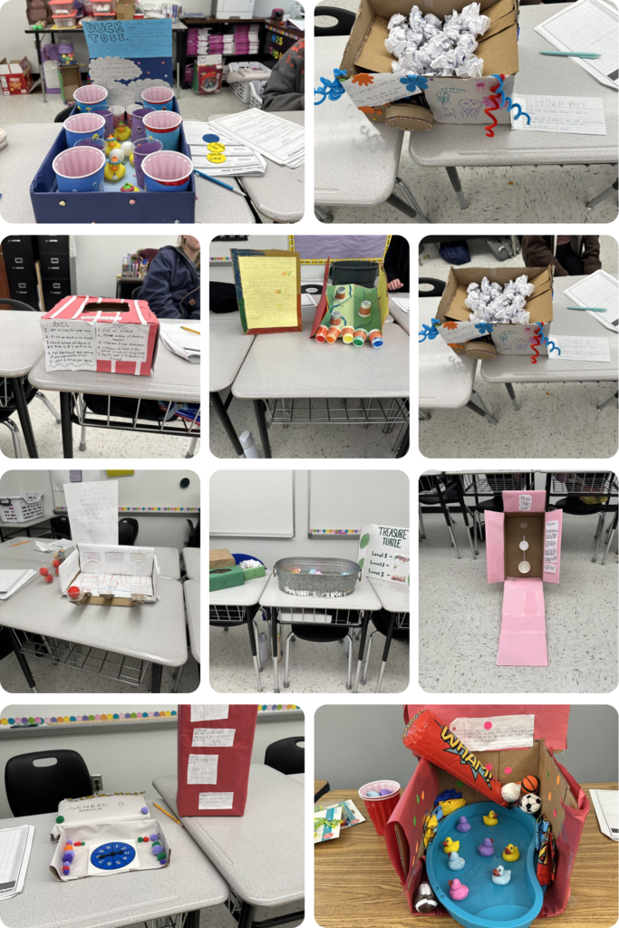 Ten photos of Probability projects sitting on desks in a classroom.