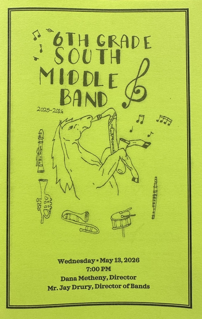 Green program with a Stallion playing a saxophone with different instruments surrounding the stallion. this is the front of the 6th Grade South Middle Band Program.