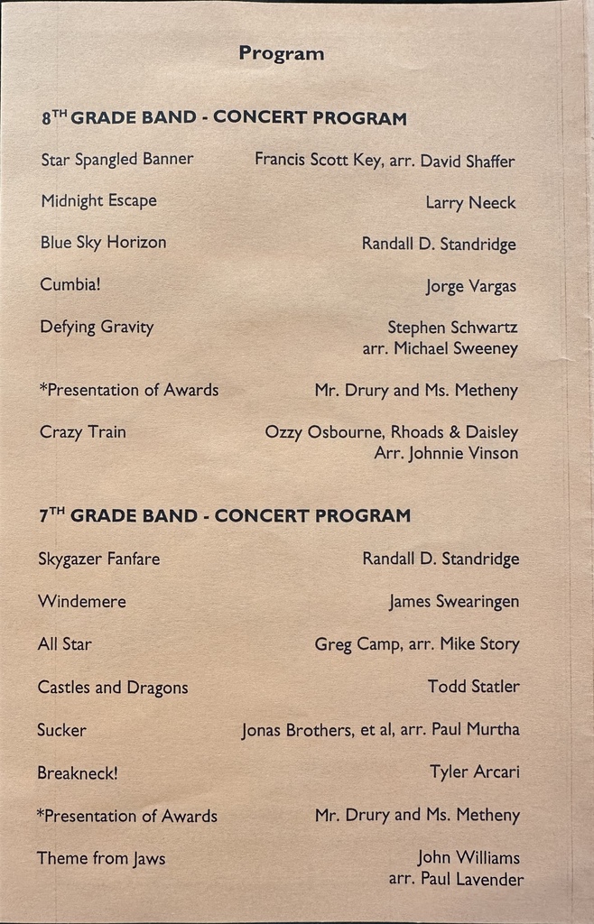 Band Program with all text on it stating what songs will be played.