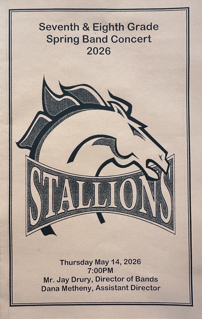 The front of the seventh & eight grade spring band concert 2026 program. There is a stallion head on it with the word Stallions across it's neck.