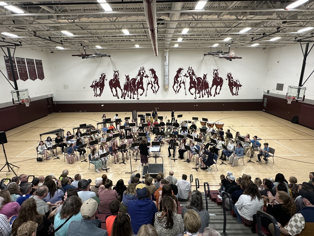 A  school band is set up in a semi circle in  a Gymnasium. there are stallions painted on the gym wall and there is an audience with their backs towards the camera sitting on bleachers. 
