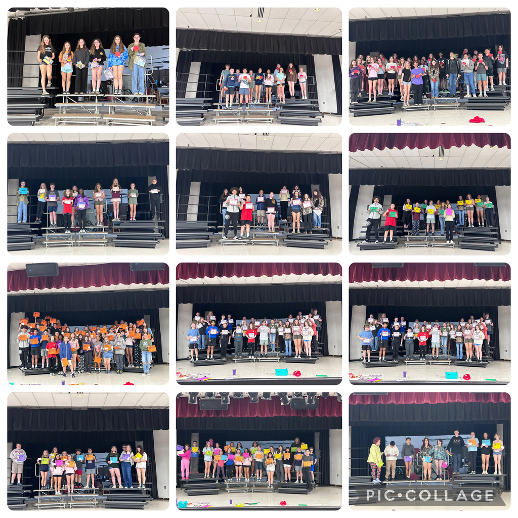 12 photos of groups of students standing on risers in an auditorium. students are holding certificates.