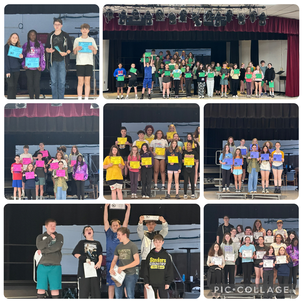 7 photos of groups of students standing on risers in an auditorium. students are holding certificates.