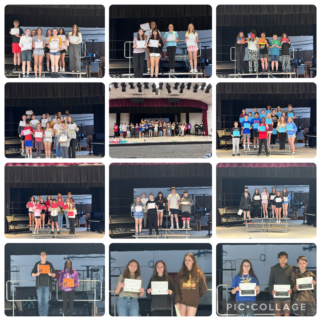 12 photos of groups of students standing on risers in an auditorium. students are holding certificates.