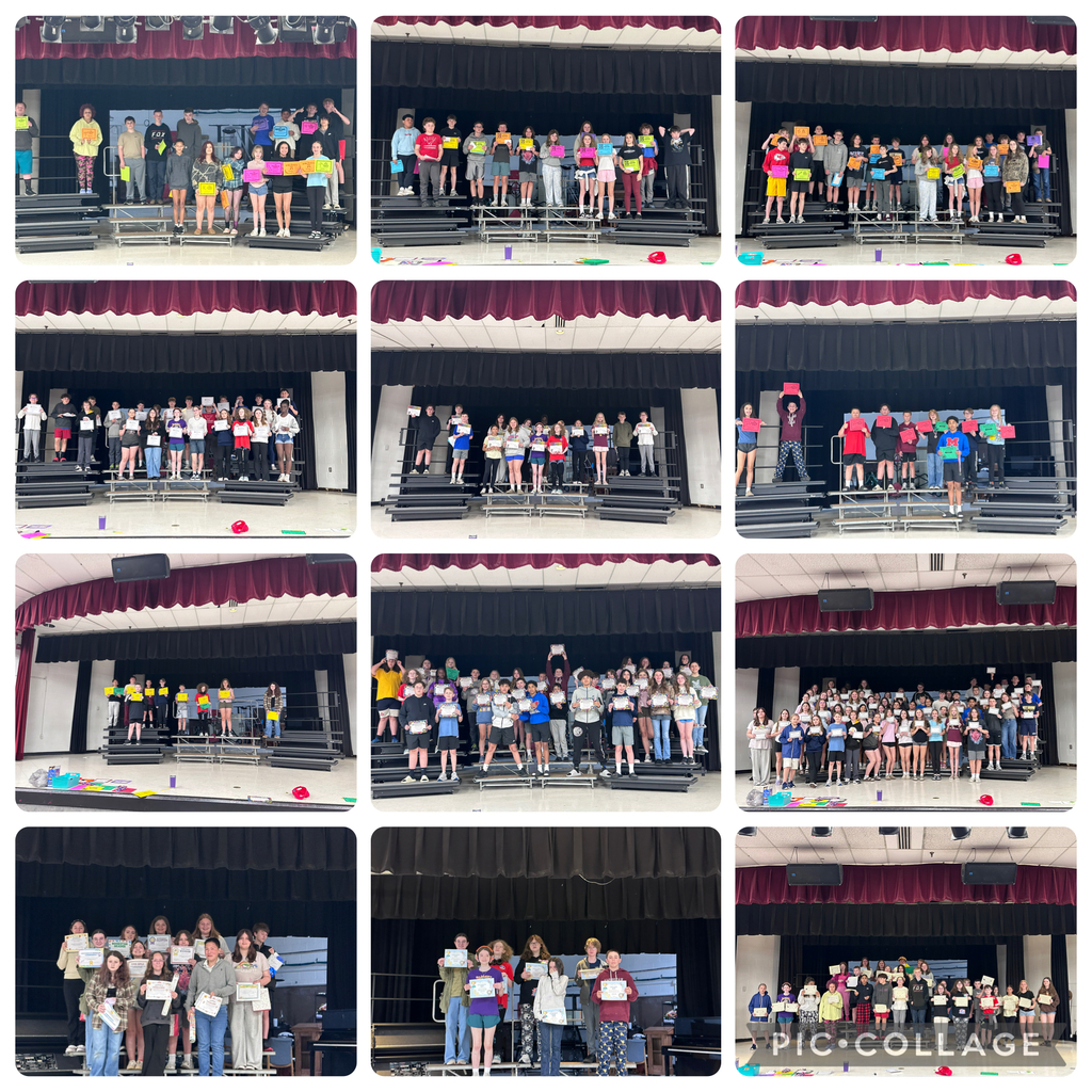 12 photos of groups of students standing on risers in an auditorium. students are holding certificates.