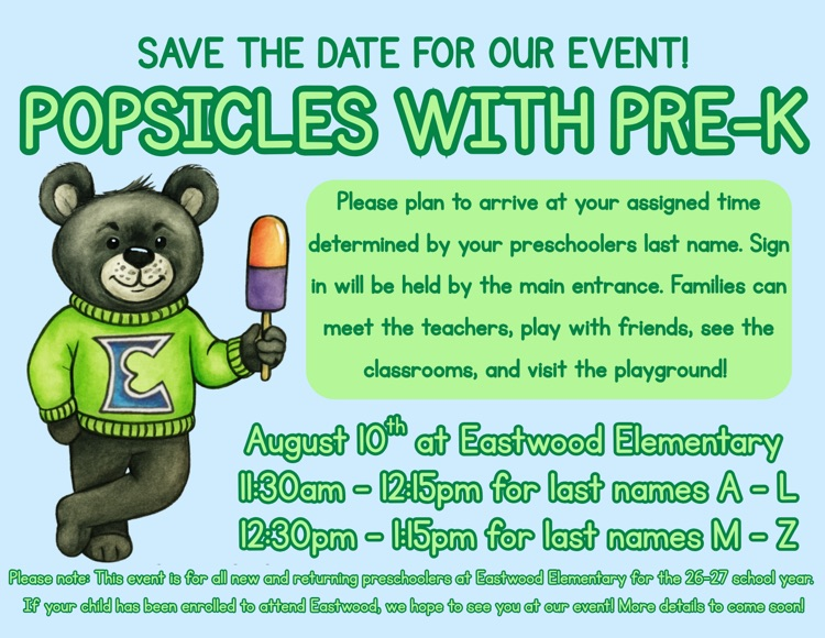  announcement for popsicles with PreK students on August 10. 