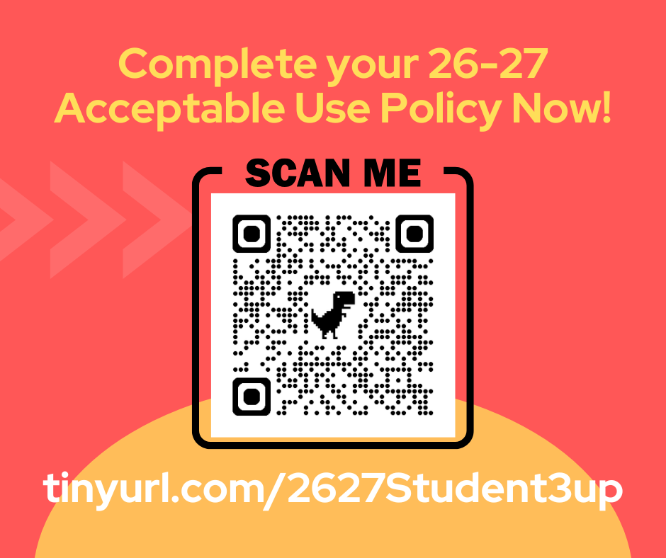 flyer with red back ground that includes a qr code or the link to the AUP tinyurl.com/2627Student3up