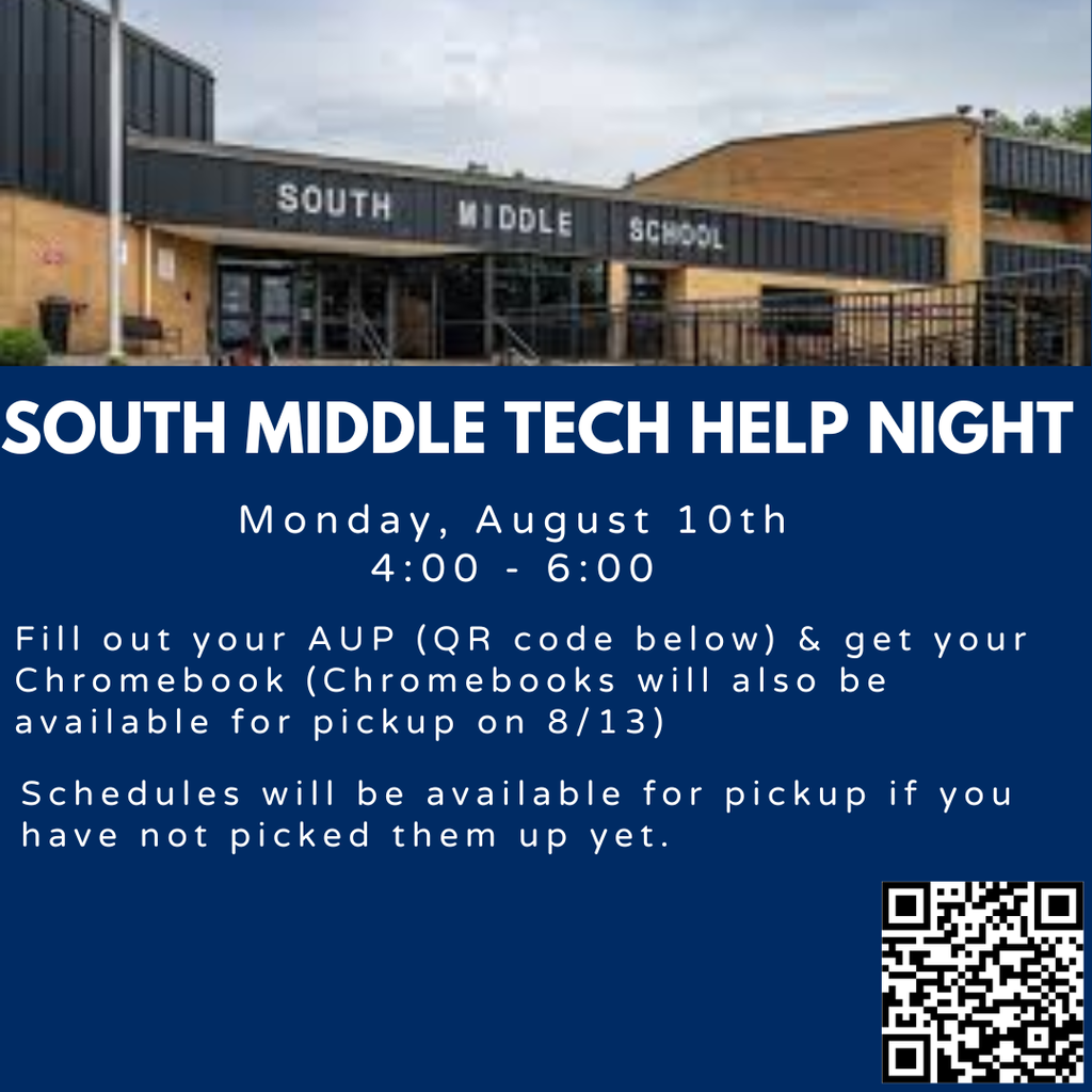 Photo of South Middle School and in all text explaining South is having a Tech Help Night