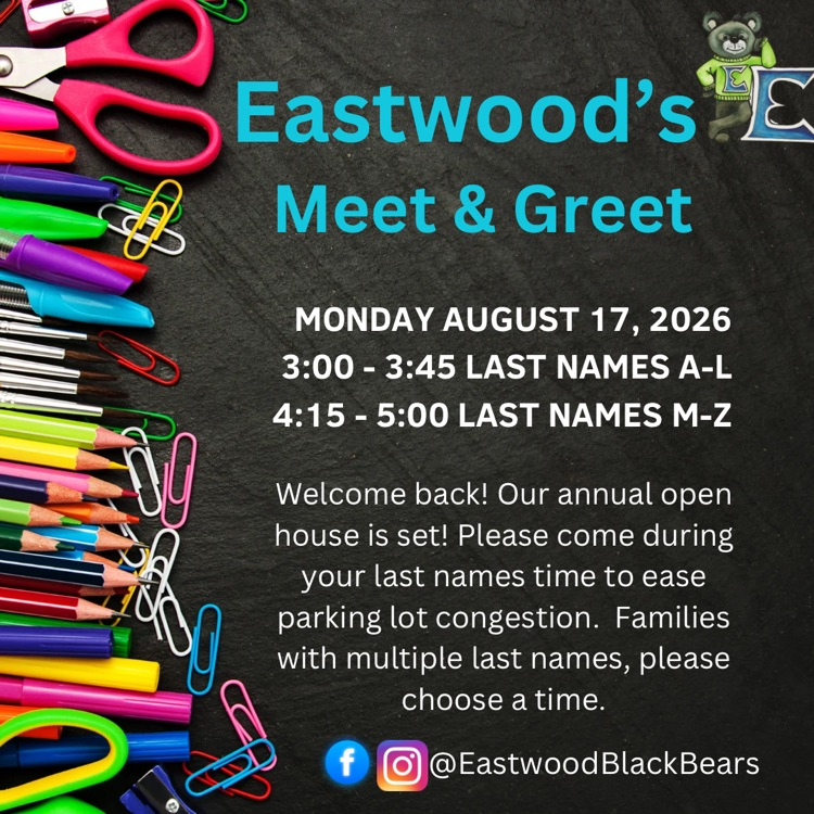 Infograph with colorful school supplies describing meet and greet date and times