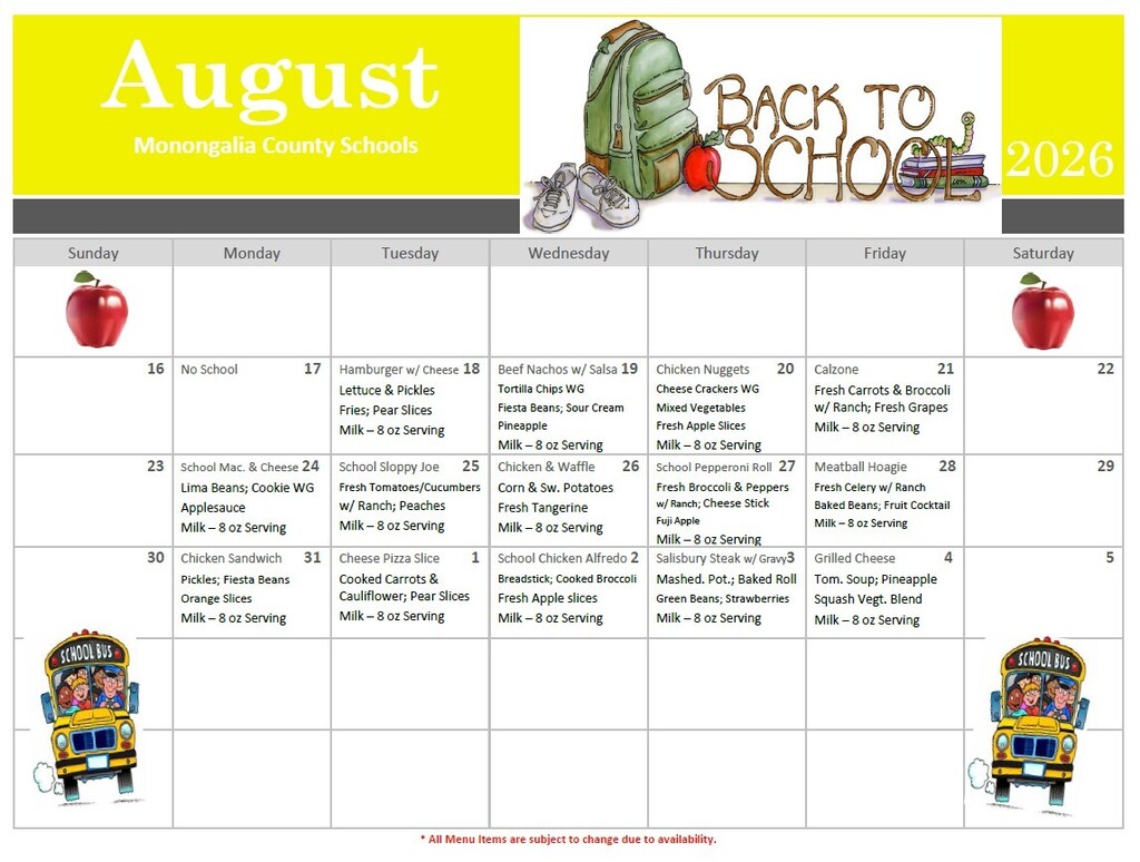 Lunch Menu for August