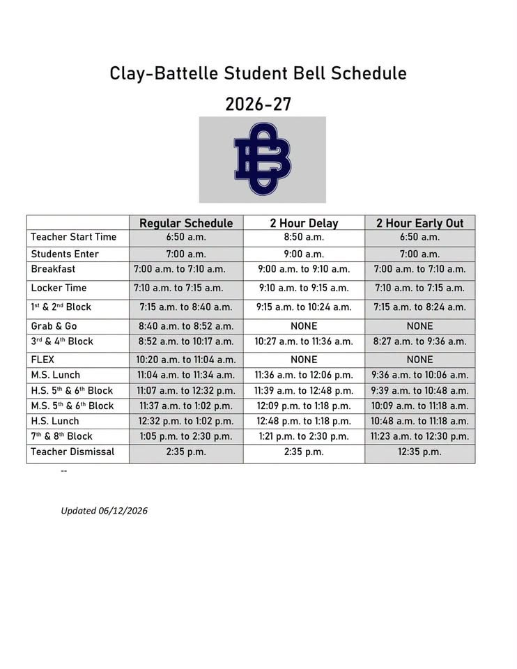 2026-27 Clay Battelle Student Bell Schedule