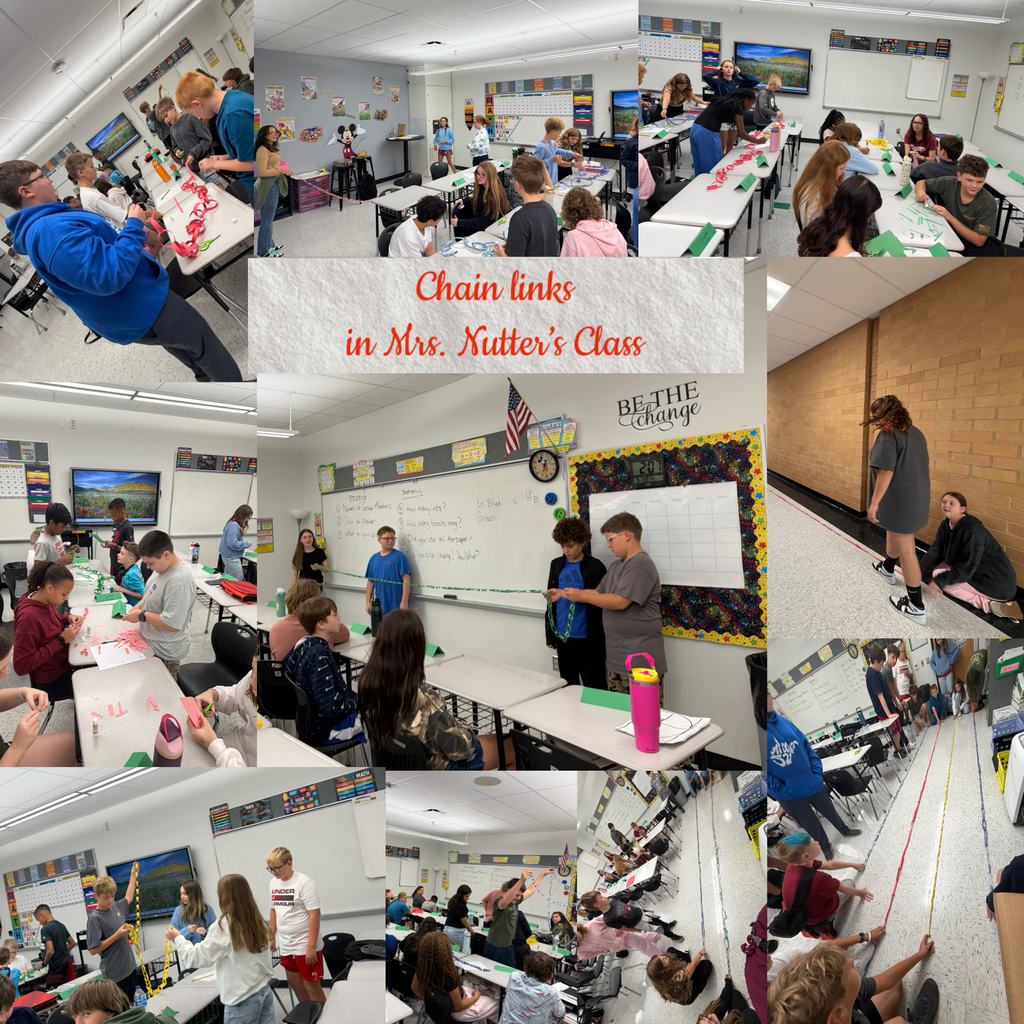 Collage of photos of students building chain links out of paper in a math class.