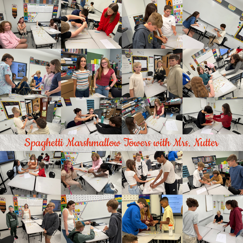 Collage of photos of students building spaghetti marshmallow towers in a math classroom.