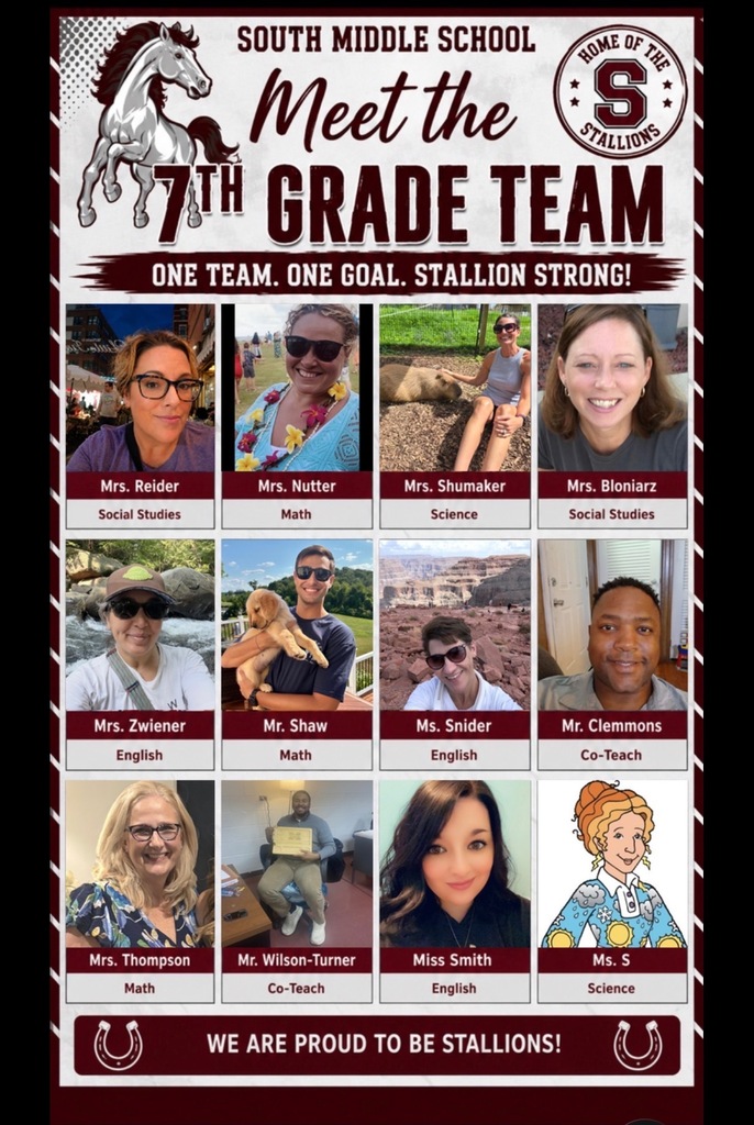 Poster with a photo of each of the 7th grade teachers in a block style. 4 photos per row with 4 rows. There is a Stallion in the top left corner and a Home of the Stallions in the top right corner. Horseshoes and We are proud to be stallions is shown in a banner at the bottom.