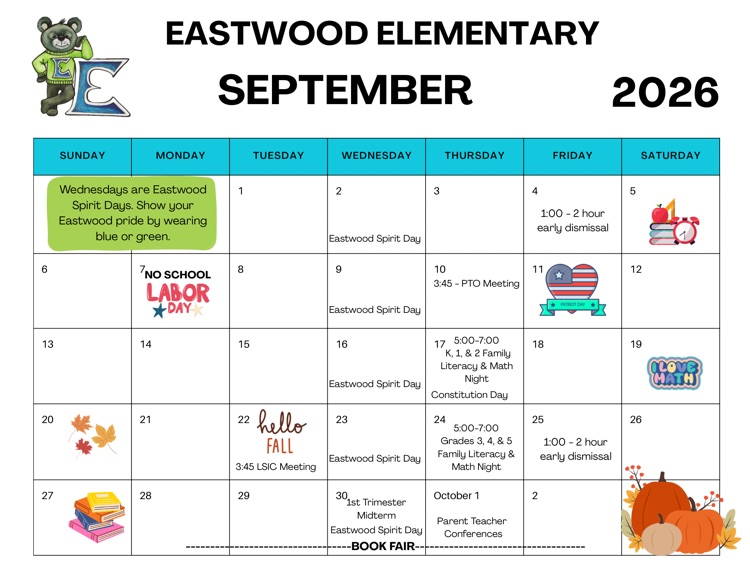 the school calendar with events and school pictures for September 