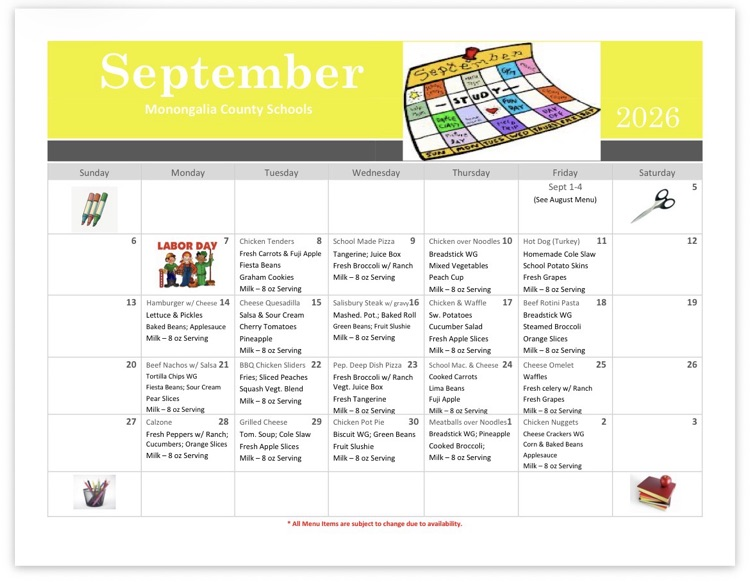 the school lunch menu for September 