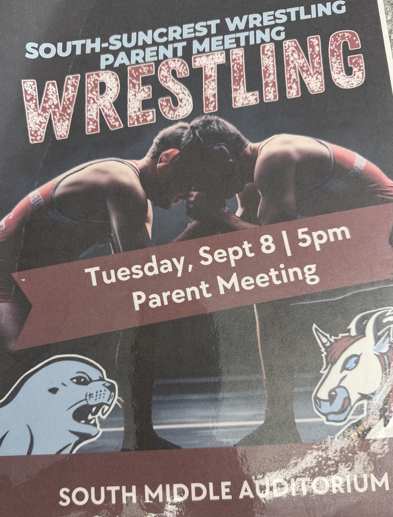 Flyer with 2 males wrestling. There is a clipart of a seal and stallion on the flyer. The text explains there is a parent meeting for wrestling on Sept. 8 at 5:00.