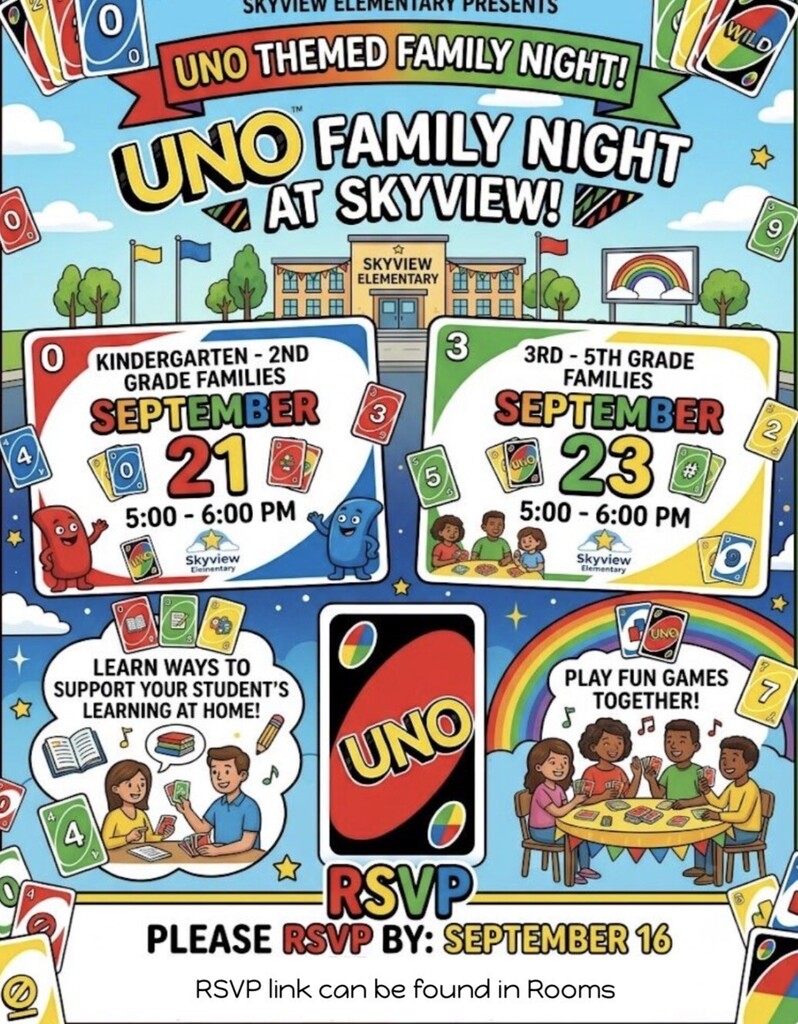 A Family Fun Night At Skyview! Uno themed way to spend some time with your child and learn new ways to support their learning.