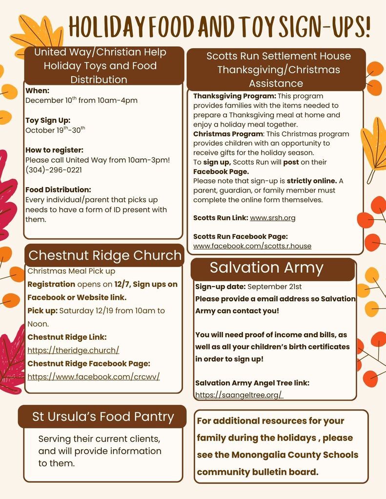 a decorative flyer with information about holiday food and toy sign ups