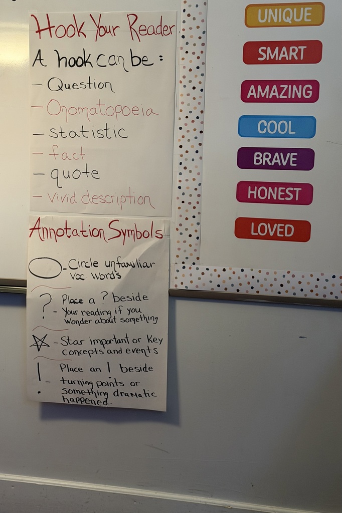 Anchor chart titled Hook Your Reader hanging on a whiteboard.
