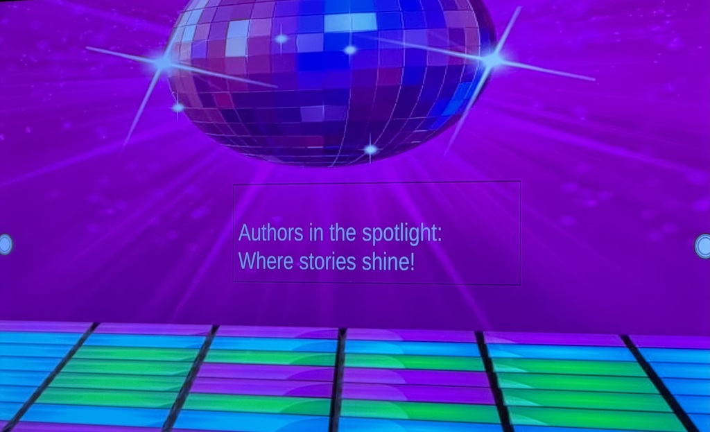 Purple screen with a disco ball and the words: Authors in the spotlight: Where stories shine!