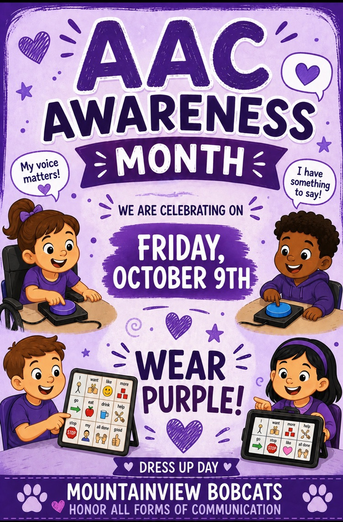 flyer announcing AAC awareness month of October and invitation for students to wear purple to celebrate on October 9th