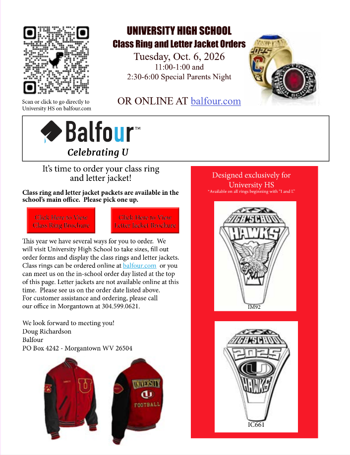 flyer for Balfour letterman jackets and class rings reps available on October 6