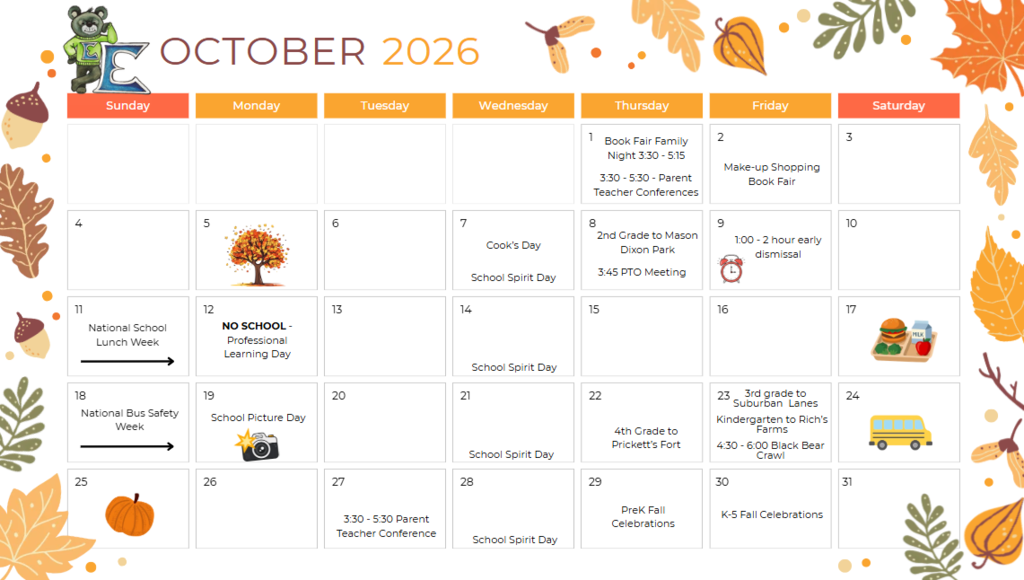 Pic:  Eastwood School Calendar 2026 with events and fall leaves